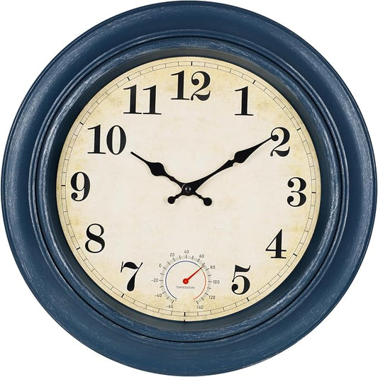 Large Outdoor Clocks Waterproof with Thermometer Combo Rustic Coastal Wall Clock Decor for Patio Pool Bathroom (18 Inch,Blue)