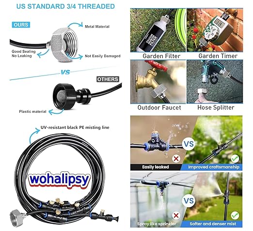 Misters for Outside Patio with Water Filter - Upgraded Brass Adapter (3/4") 59ft (18m) 20 Brass Spray Nozzle misting System,Pre Assembled Chicken Coop Cooling System for Poultry