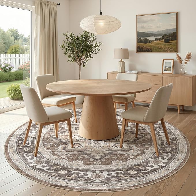 Round Washable Area Rug 8ft, Boho Vintage Distressed Oriental Medallion, Neutral Blue, Thin Carpet for Living Room Bedroom Home Office Decor -Dark Brown