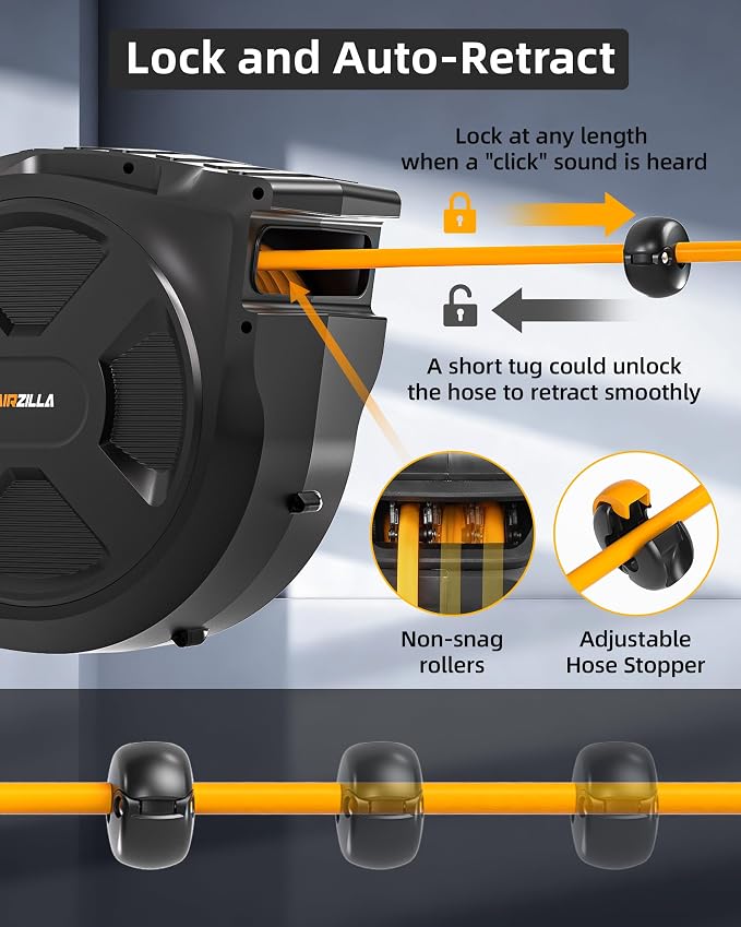 Retractable Air Hose Reel, 3/8" x 65Ft Flex Hybrid Air Hose Max 300PSI Kink-resistant Air Compressor Hose Reel Auto Rewind with 6Ft Lead in, Quick Connect, 180° Swivel Mounting Kit.