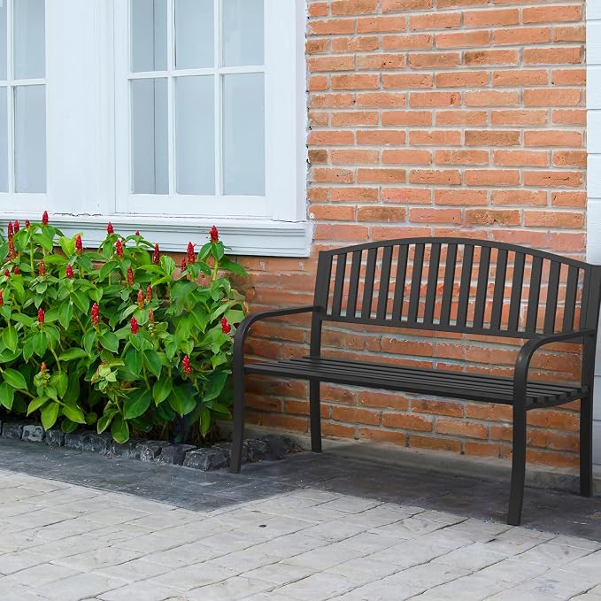 Outdoor Bench Garden Bench, 50" Anti-Rust Patio Bench Clearance, Iron Metal Frame Outdoor Benches Weatherproof for Front Porch, Yard, Lawn, Deck