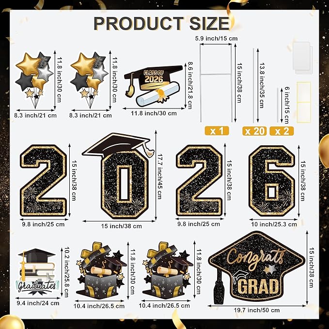 Large 11 PCS Graduation Yard Signs, Class of 2026 Congrats Grad Outdoor Lawn Yard Sign with Stakes, Graduate Yard Decorations for College High School Party, Black and Gold