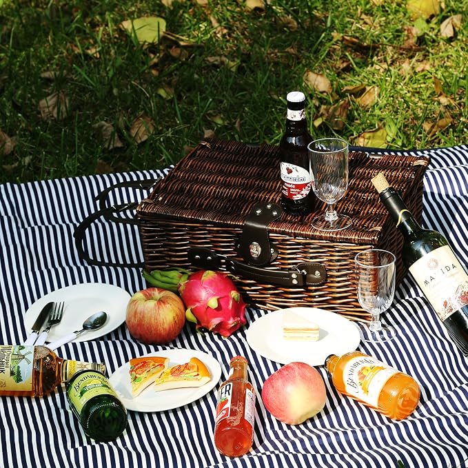 Picnic Basket Set for 4 with Waterproof Blanket Mat Insulation Bag Wicker Navy Blue Vintage Classic Gift for Christmas Thanksgiving Wedding Birthday Camp Outdoor Beach Travel