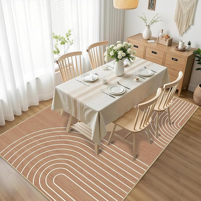 Boho Rug 4x6 Modern Geometric Minimalist Abstract Area Rug for Living Room Brown Mid Century Modern Contemporary Machine Washable Non-Slip Printed Low-Pile Carpet Dining Room Bedroom Office Brown