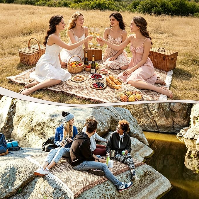 91'' x 71''Extra Large Outdoor Boho Picnic Blanket,Woven Cotton Yarn Blanket with Fringe for Boho Decor Camping Lawn Wedding Photoshoot Beach Park Grass (Brown)