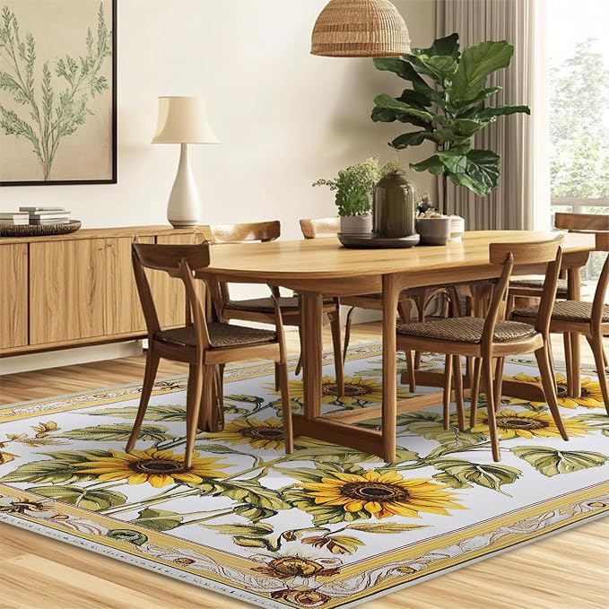 5x7 Sunflowers Flower Area Rugs Boho Floral Botanical Yellow Rug for Living Room Indoor Soft Non-Slip Thin Carpet Modern Abstract Rugs for Dining Room Office Bedroom Under Table Washable Machine