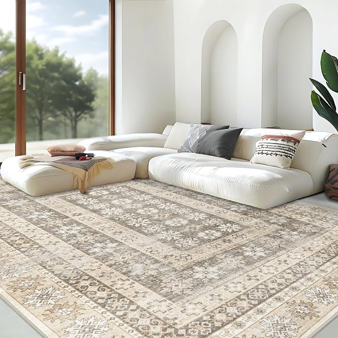 Area Rug for Living Room 9x12: Large Washable Boho Moroccan Rugs Geometric Floral Rug, Non-Slip Foldable Morden Farmhouse Indoor Floor Carpet for Bedroom Dining Table Home(FloralBrown, 9'x12')