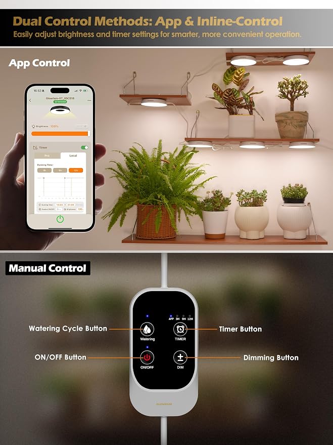 GLOWRIUM Grow Lights for Indoor Plants, 16W Smart Full Spectrum LED Grow Light, Auto Timer and Stepless Dimming,Plant Assistant with Watering Reminder,Modular Design (White, 2 PCS)