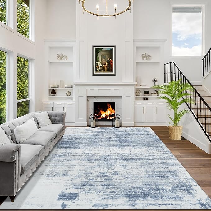 10x14 Area Rugs for Living Room: Washable Abstract Blue White Carpet | Non-slip TPE backing makes this washable soft low-pile rug safe & durable, Pet-friendly decor for dining room,nursery,office