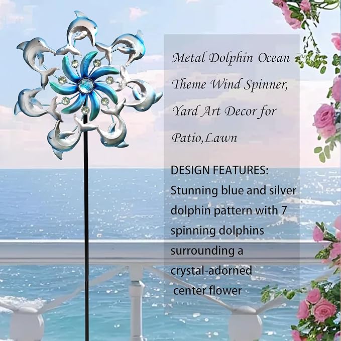 Dolphin Wind Spinners Garden Stake, 39" Metal Dolphins Wind Spinner Outdoor Decorations- Outside Lawn Stake Wind Sculptures for Yard Patio,Lawn & Garden Art Decor