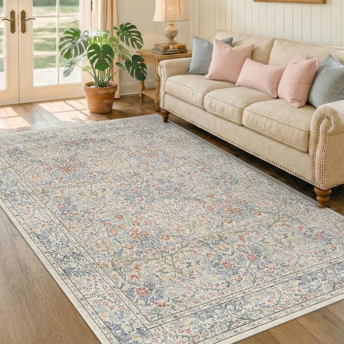 Washable Beige Blue 5x8 Area Rug for Large Entryway, Living Room, Kids Room, Boy Nursery Room, Bedroom Rug - Vintage Oriental Low Pile Non Slip & Stain Resistance (5x8 Beige Blue)