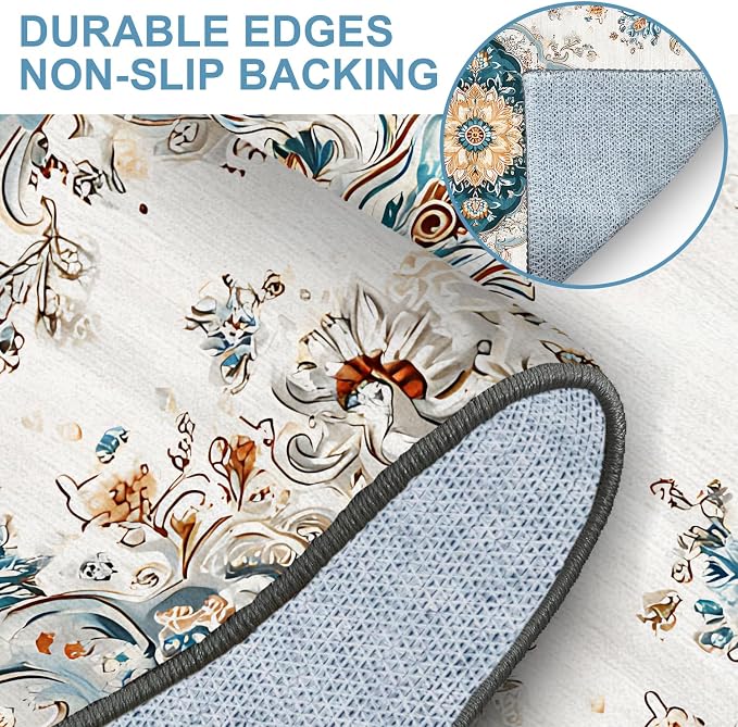 White Gold Floral 2x3 Entry Rug,Washable Small Rugs for Entryway Kitchen Bathroom Door Mat Indoor Entrance,Non Slip Rubber Backing, Stain & Fade Resistant,Elegant Traditional Persian Decor