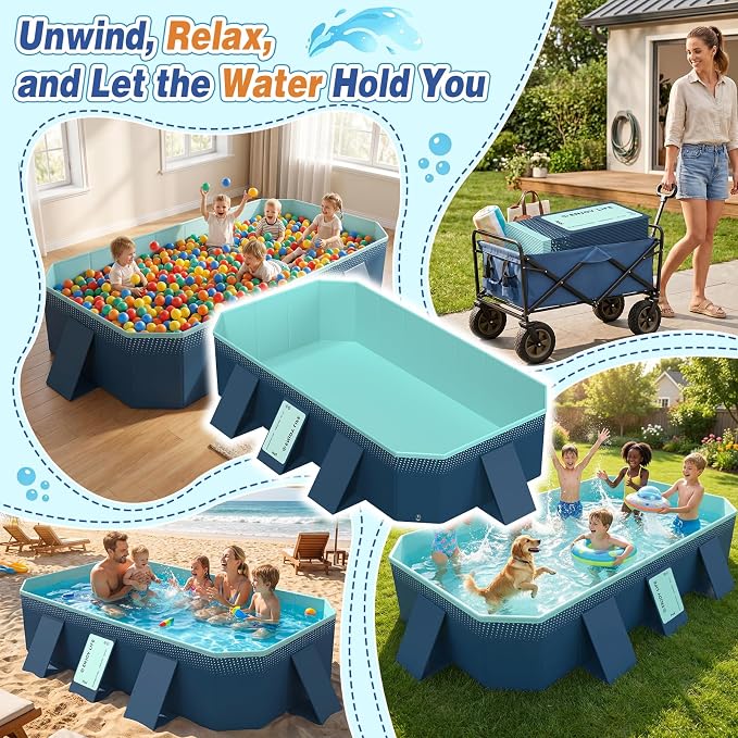 113" Foldable Pool for Adults & Kids, Large Capacity Non Inflatable Pool, Portable Hard-Side Foldable Swimming Pool, Above Ground Pool for Indoor Outdoor Backyard, Patio (Geranium Blue)