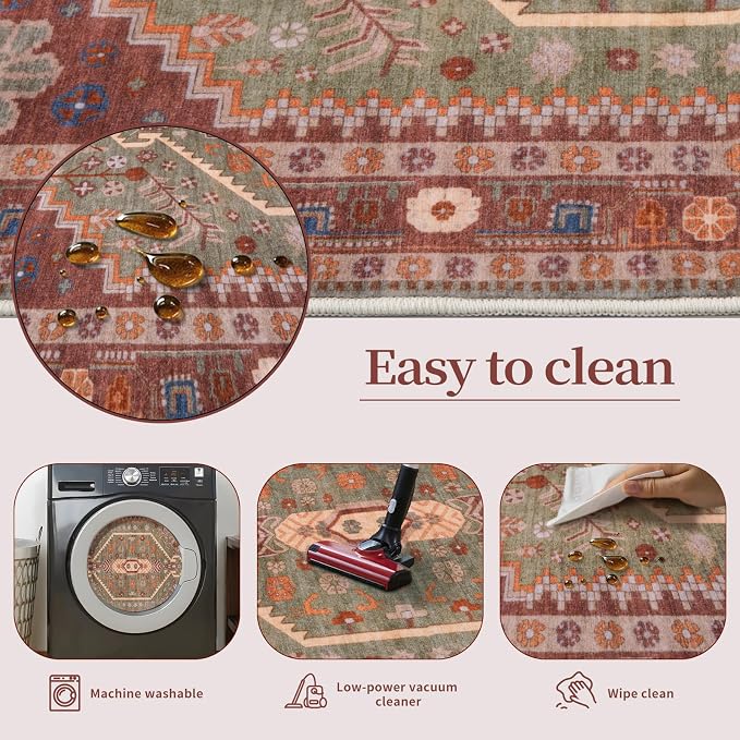 Ciicool Washable 3x5 Area Rug,Boho Non-Slip Indoor Mat for Entryway Kitchen | Oriental Low-Pile Soft Vintage Boho Indoor Entry Carpet for Bedroom Bedside Living Room Laundry Dining Room
