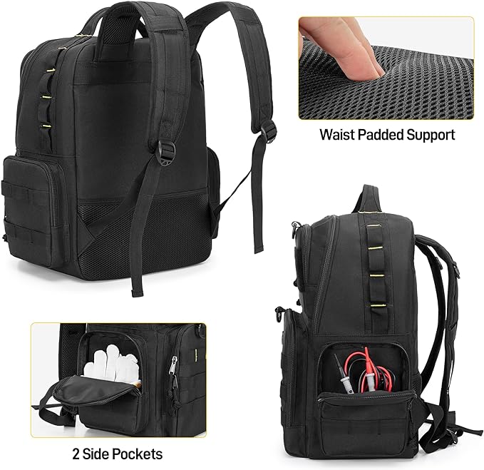 Rexmica Tool Bag Backpack for Men with 3 Tool Pouches, Heavy-Duty Tool Storage Organizer Bag with Padded Shoulder & Waist Support, Tactical Work Tool Bag for Electrician, Repairman, HVAC Techs, Black