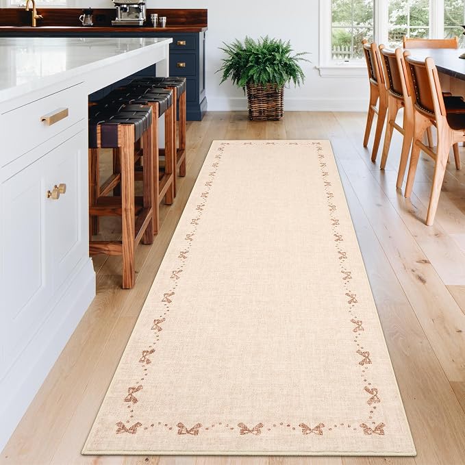 COZYLOOM 2x6 Bow Printed Indoor Rugs for Entryway Modern Border Washable Runner Rug with Non Slip Backing, Stain Resistant Non Shedding Throw Rug Solid Color Carpet for Kitchen, Bedroom, Beige