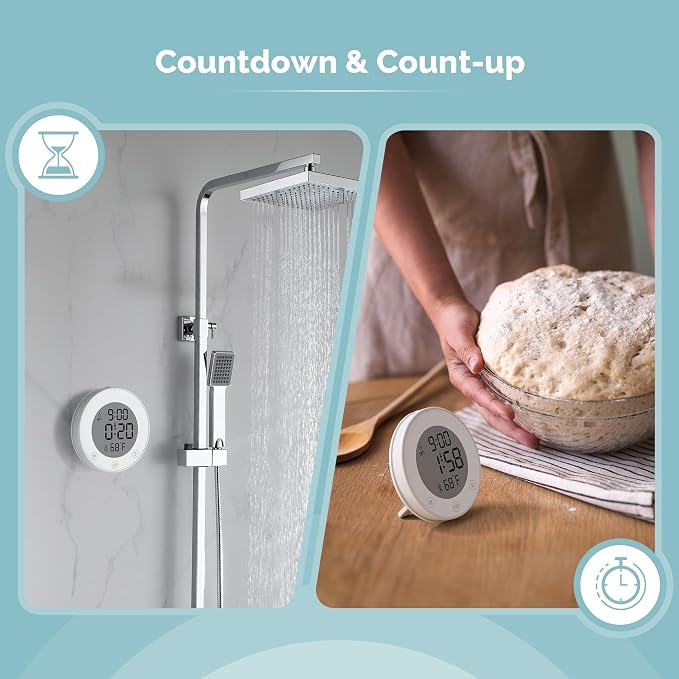KADAMS Shower Clock Waterproof Bathroom Timer – Digital Wall Clock with Countdown, Magnetic Kitchen Clock with Temperature & Humidity, Suction Cup for Kids Shower Spa Cook Bath (Peal)