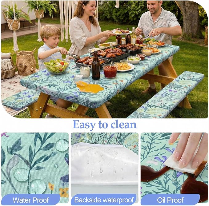 Picnic Table Cover with Bench Covers Camping Essentials Waterproof Windproof Camping Tablecloth with Drawstring Bag, Fitted Rectangle Tables and Seats, 96in, Gray Blue