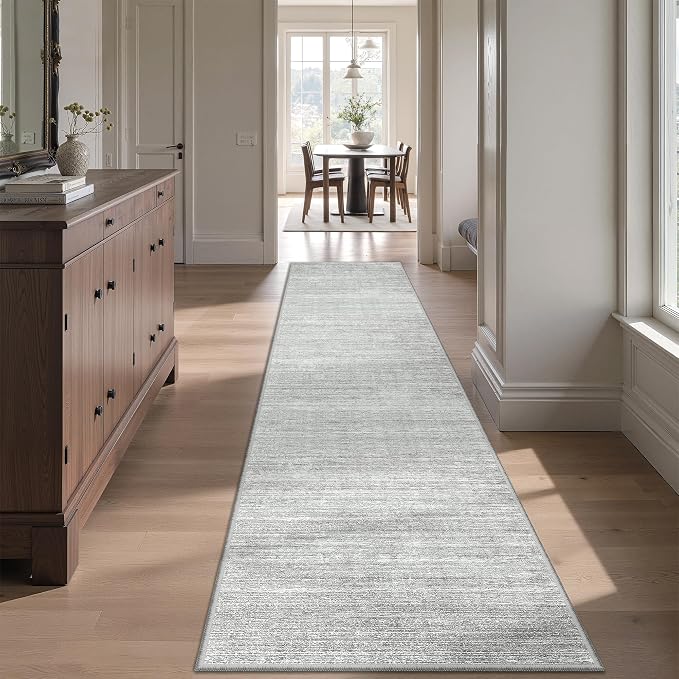 Valenrug 2x12 Runner Rug Non Slip, Washable Rug Runners for Hallways, Grey | Soft Low Pile, Thin & Lighweight Carpet, Folable Stain Resistant Modern Indoor 12ft Floor Mat for Living Room,Bedroom,Kitchen