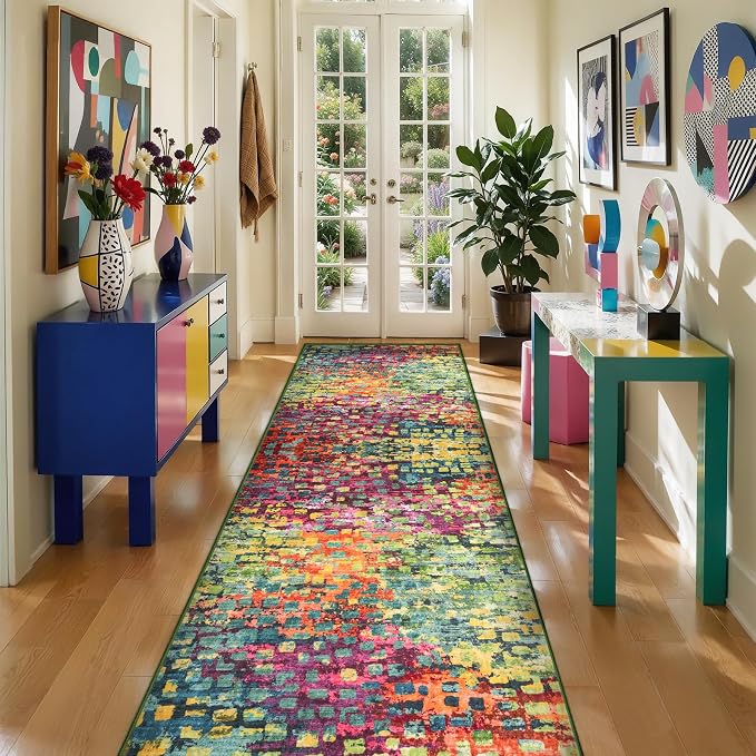 Tangsoo Colorful Abstract 2.6x8 Washable Runner Rug for Hallways, Non Slip | Modern Fun Soft Low Pile Long Runner Rug, Funky Carpet Runners for Kitchen Bedroom Entryway Living Room Home Decor