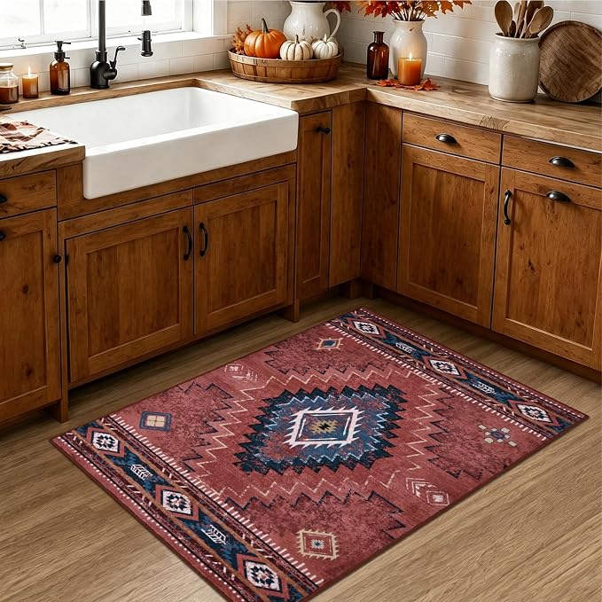 Yinhua 2x3 Area Rug Non-Slip, Western Entryway Rugs Low-Pile | Rust Aztec Washable Rug Stain Resistant, Soft Fall Front Door Rugs with Rubber Backing for Bathroom Kitchen Hallway
