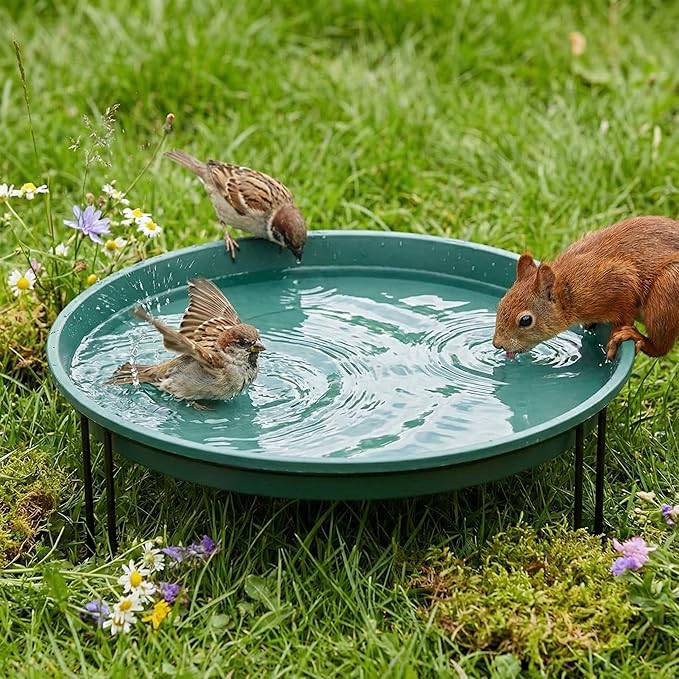 14.37'' Ground Bird Bath for Outside Large Bird Bath Bowl for Patio Garden or Deck Floor Standing Black Steel Wire Stand with Dish Outdoor Feeder Water(Green)