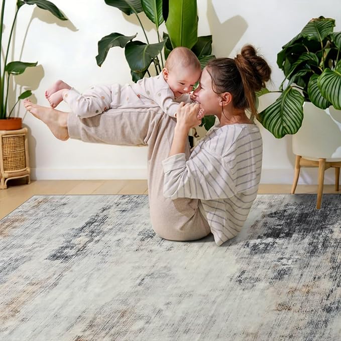 Toneed Washable 8x10 Area Rug with Non-Slip Backing for Living Room | Abstract Modern Rugs, Soft Low Pile Carpet for Bedroom Kitchen Dining Room Nursery Indoor Floor Office Home Decor, Grey/Brown