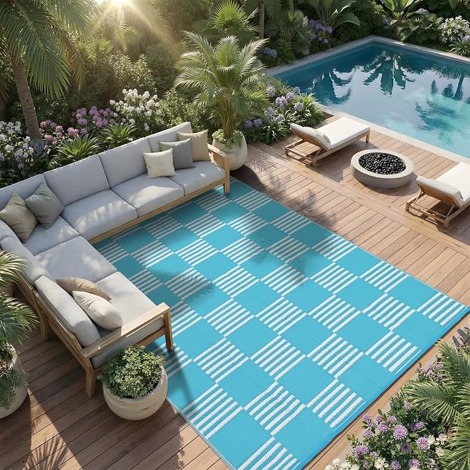 Garvee Waterproof Outdoor Rug 5x8, Checkered Foldable Plastic Straw Patio Camping Rug, Outdoor RV Carpet for Deck Camper Porch Balcony Backyard Picnic Beach Blue and White