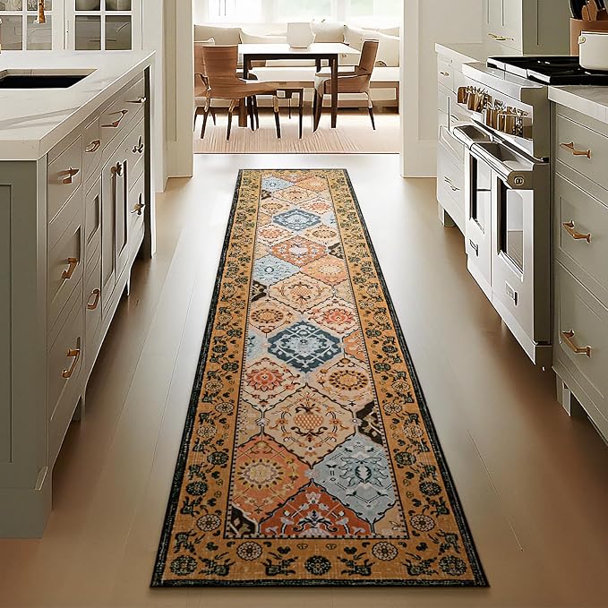 Phantoscope Washable Runner Rug 2'x10' Non-Slip, Vintage Boho Hallway Rugs for Entryway, Stair, Bedroom, Distressed Moroccan Mosaic Diamond Pattern, Low-Pile Foldable Floor Carpet, Terracotta/Rust