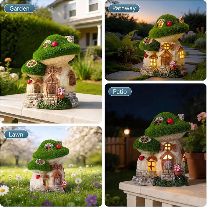 Mushroom Fairy Garden House, Solar Fairy House for Outside Decor, Outdoor Yard Garden Statues for Lawn, Balcony Patio, Outdoor Figurine Lights Gifts for Mom Women