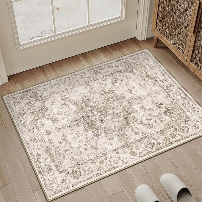 2x3 Brown Neutral Area Rug | Washable, Non Slip, Soft Low Pile, Vintage Farmhouse, for Entryway Kitchen Bathroom Living Room Bedroom Indoor Home Decor