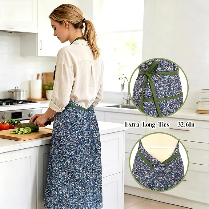 Women's Vintage Floral Kitchen Apron for Cooking & Gardening | Adjustable Neck Straps & Large Pockets, Cute Pinafore for Baking Tea Time, Practical Hostess Gift(Navy1)