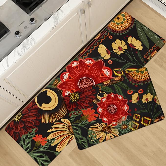 Tyrot Black Boho Floral Long Kitchen Mats Rugs Sets of 2 Cushioned Anti Fatigue Floor Mat Comfort Kitchen Rugs Farmhouse Style Non Slip Waterproof Mid Century Botanical Standing Mat for Sink Laundry
