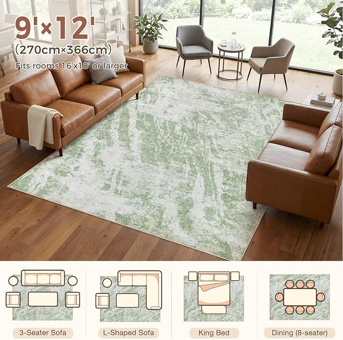 DMOYEST 9x12 Area Rug for Living Room Washable Abstract Indoor Carpet | Neutral Modern Low Pile Rugs Kid & Pet Friendly Large Soft Thin Carpet for Bedroom Dining Room and Office - Light Green