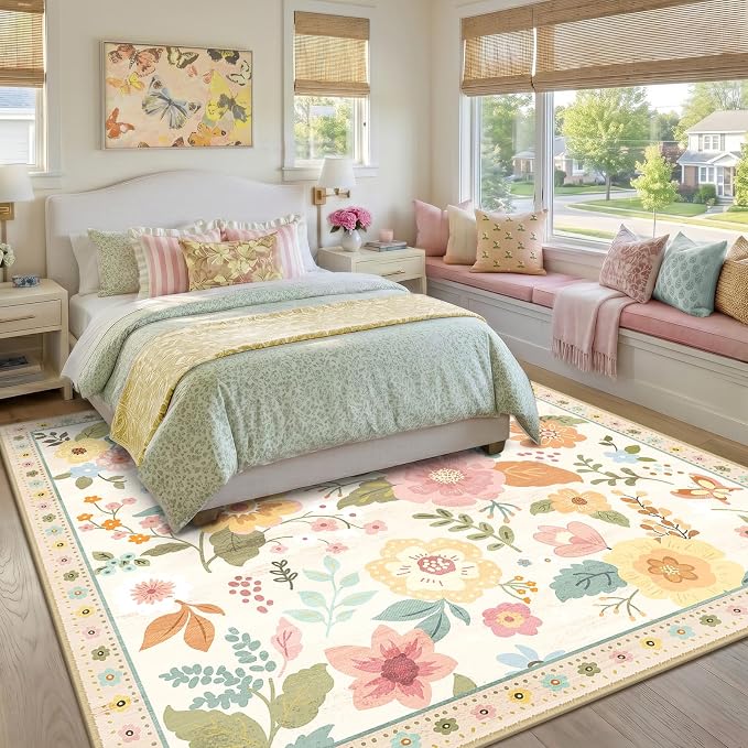 RELEANY Floral Washable Square 6ft Area Rug Beige/White/Orange | Flower Carpet, Print, Boho, Non-Slip, Easy to Clean, Soft, Low Pile for Living Room Bedroom Kitchen Office Entryway Hallway