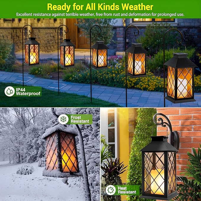 Yowin Solar Lanterns Outdoor Waterproof 2 Pack 14" Large Tempered Glass Hanging Solar Lantern with Flameless Candle, Garden Gifts, Wall Lamp for Backyard Porch Patio Lawn Vintage Decorations - Black