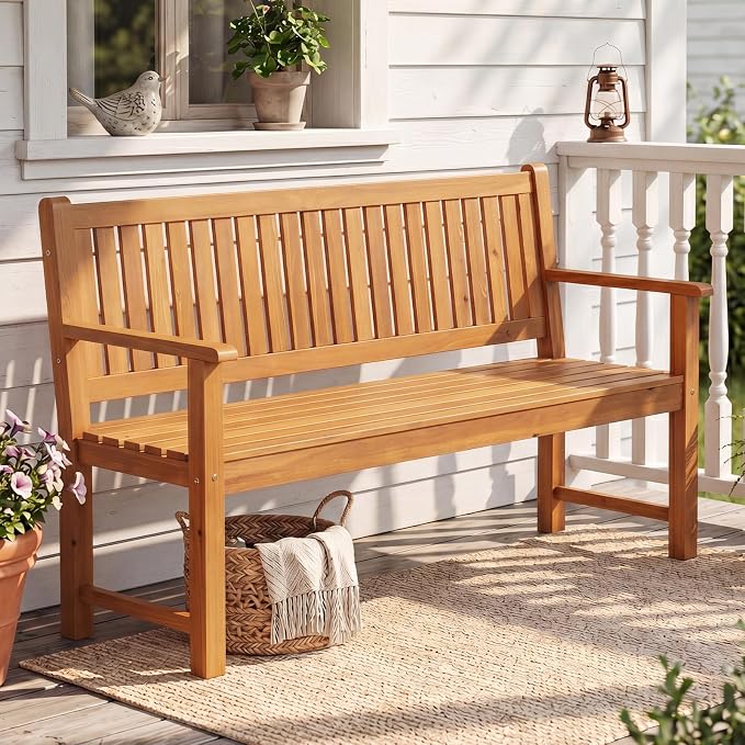 Tangkula 3-Seater Outdoor Wooden Bench, 59” Large Garden Bench with Backrest, Armrests, Slatted Seat, Loads up to 990 LBS, Fir Wood Bench Seating for Porch, Backyard, Deck, Poolside (59",Natural)