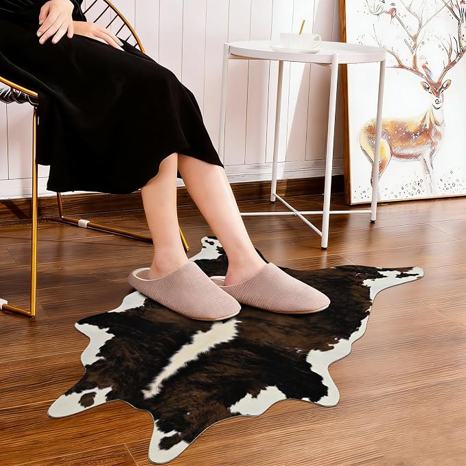 BENRON Small Faux Cowhide Rug, Cow Print Rug for Kitchen Hallyway 2.3x3.6ft | Western cow hide rug for Home Decor, Washable Rugs with Irregular Animal Skins and Hides, Non Slip, Brown