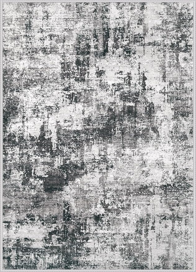 5x7 Area Rugs Washable Rug: Abstract Neutral Rugs Modern Non Slip Area Rug Stain Resistant Low Pile Indoor Carpet for Dining Room Bedroom Nursery Office (Black Grey, 5'x7')