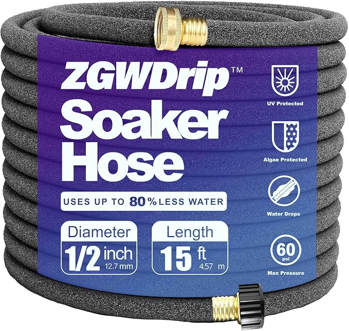 15FT 1/2" Water-Saving Soaker Hose with Solid Brass Connectors, Drip Irrigation Kit for Lawn & Yard