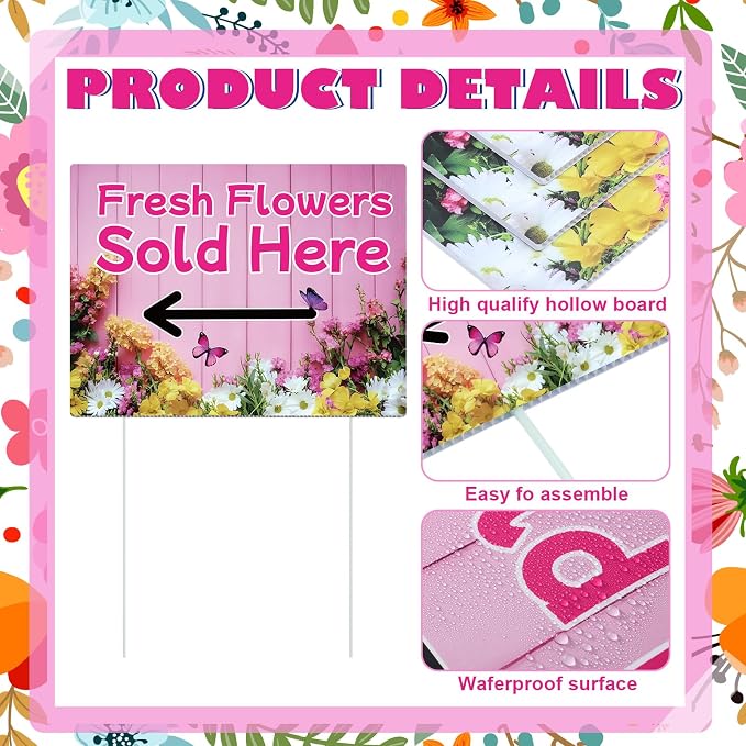 Pinkunn 3 Pack 16 x 12 Inch Fresh Flowers Sold Here Yard Signs with Stakes Double Sided Weatherproof Garden Signs for Shops, Markets Events