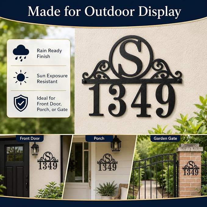 Personalized Metal Address Sign Custom House Number Plaque with Monogram Initial Decorative Scroll Numbers for Outside Front Door Porch Entryway Garden Patio Yard Decor