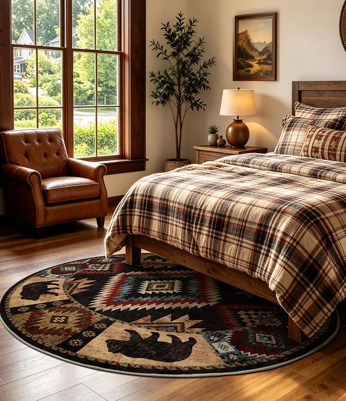 YIHOUSE Southwestern Round Rug 6ft, Low Pile Soft Circle Area Rug with Non-Slip Backing, Western Rustic Washable Rugs for Living Room, Bedroom