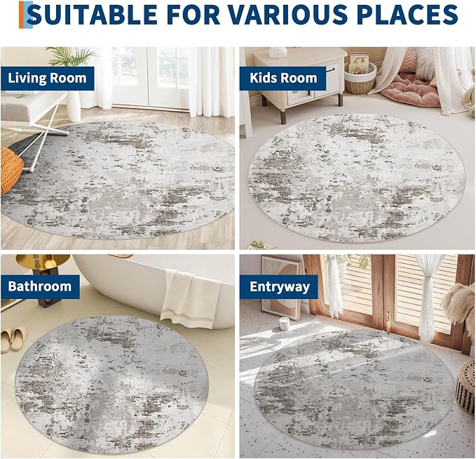 ROYHOME Modern Abstract 4x4 Round Area Rug Non Slip, Taupe/Beige | Non Shedding Rug Low Pile Stain Resistant for Bedroom Living Room office Dining Room