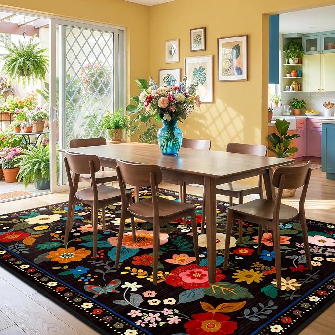 RELEANY Floral Washable 9x12 Area Rugs Black | Flower Carpet, Print, Boho, Non-Slip, Easy to Clean, Soft, Low Pile for Living Room Bedroom Kitchen Office Entryway Hallway