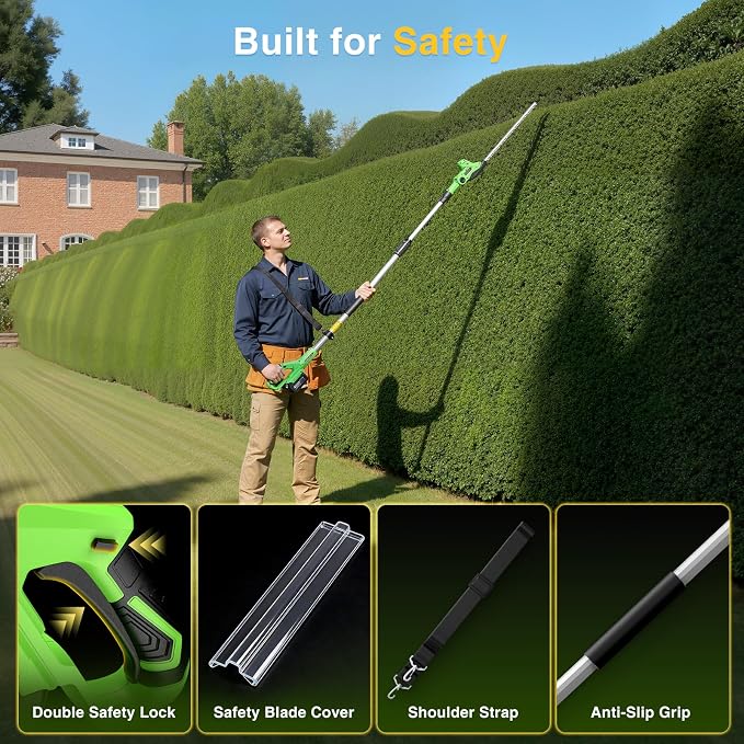 TaskStar Pole Hedge Trimmer Cordless: 20" Electric Long Reach Shrub & Bush Trimmer with Extension Pole, 2x4.0Ah Battery, Dual-Action Blade Hedge Clippers, 3000 SPM High-Speed Motor, 8-Feet Reach