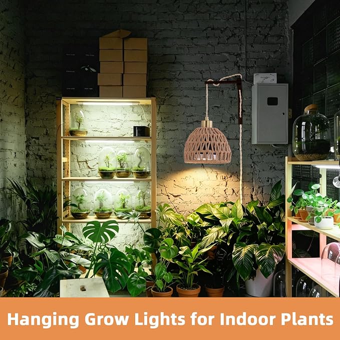 Hanging Grow Lights for Indoor Plants - 35W 4000K Full Spectrum Plant Light, Wall Mounted Grow Light with Wooden Bracket, Timer, 15FT Power Cord, Ideal for Plants, Flowers & Home Decor