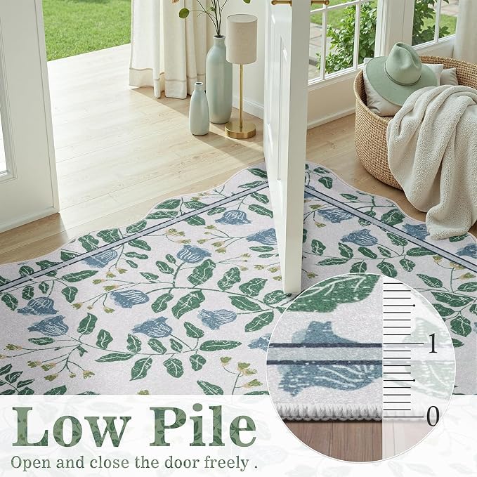 DCX Washable Botanical Floral 5x5 Roung Rug, Blue and Green Scalloped Rug, Non Slip Low Pile Carpet for Bedroom, Living Room, Kid & Pet Friendly