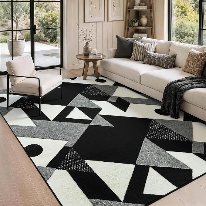 6x9 Black and White Modern Geometric Patchwork Washable Area Rug | Stain-resistant Low-pile Black and Grey Large Carpet, Non Slip Geometric Rug for Living Room Dining Room and Bedroom Floors