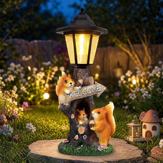 Solar Squirrel Garden Statue, Outdoor Decor with LED Lantern for Patio Lawn Pathway Landscape Decoration Gifts for Mother's Day Birthday Housewarming